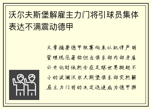 沃尔夫斯堡解雇主力门将引球员集体表达不满震动德甲