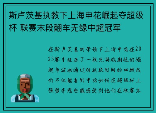 斯卢茨基执教下上海申花崛起夺超级杯 联赛末段翻车无缘中超冠军