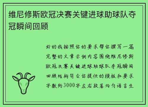 维尼修斯欧冠决赛关键进球助球队夺冠瞬间回顾